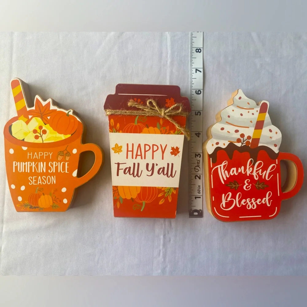 3Pcs Fall Season Chunky‎ Wood Decor Coffee Mugs Happy Pumpkin Spice Season Happy